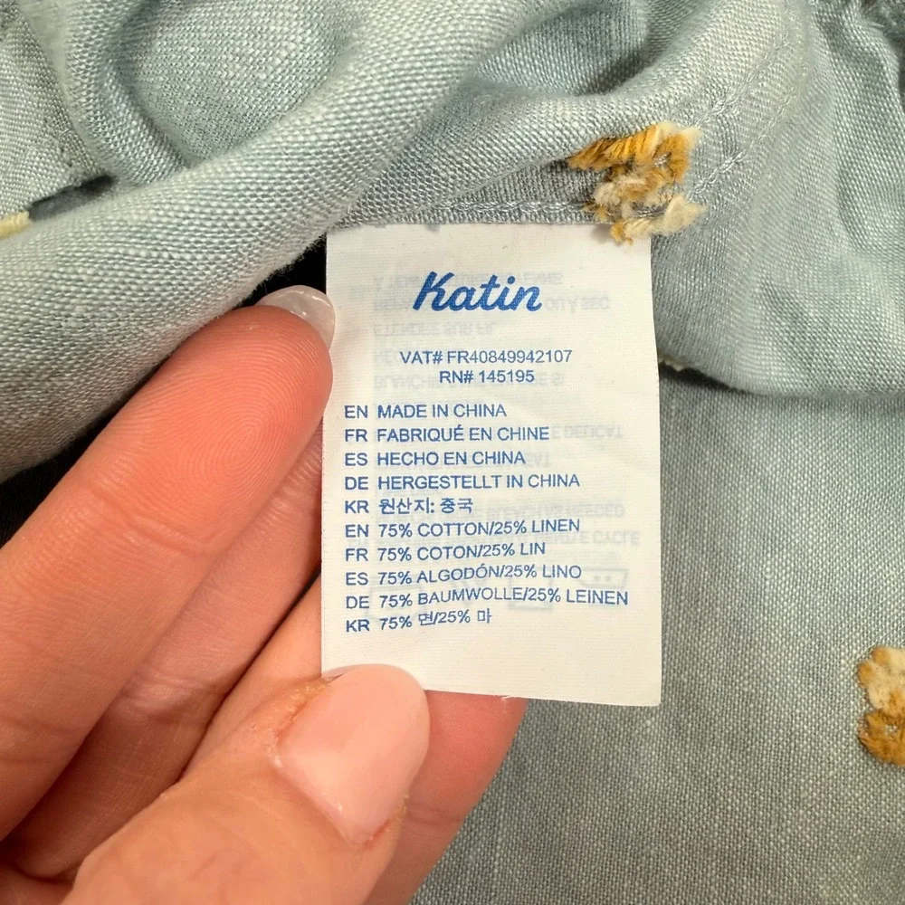 Katin Mens Leo Button Up Short Sleeve Shirt Light Blue Cotton Linen Embroider XL